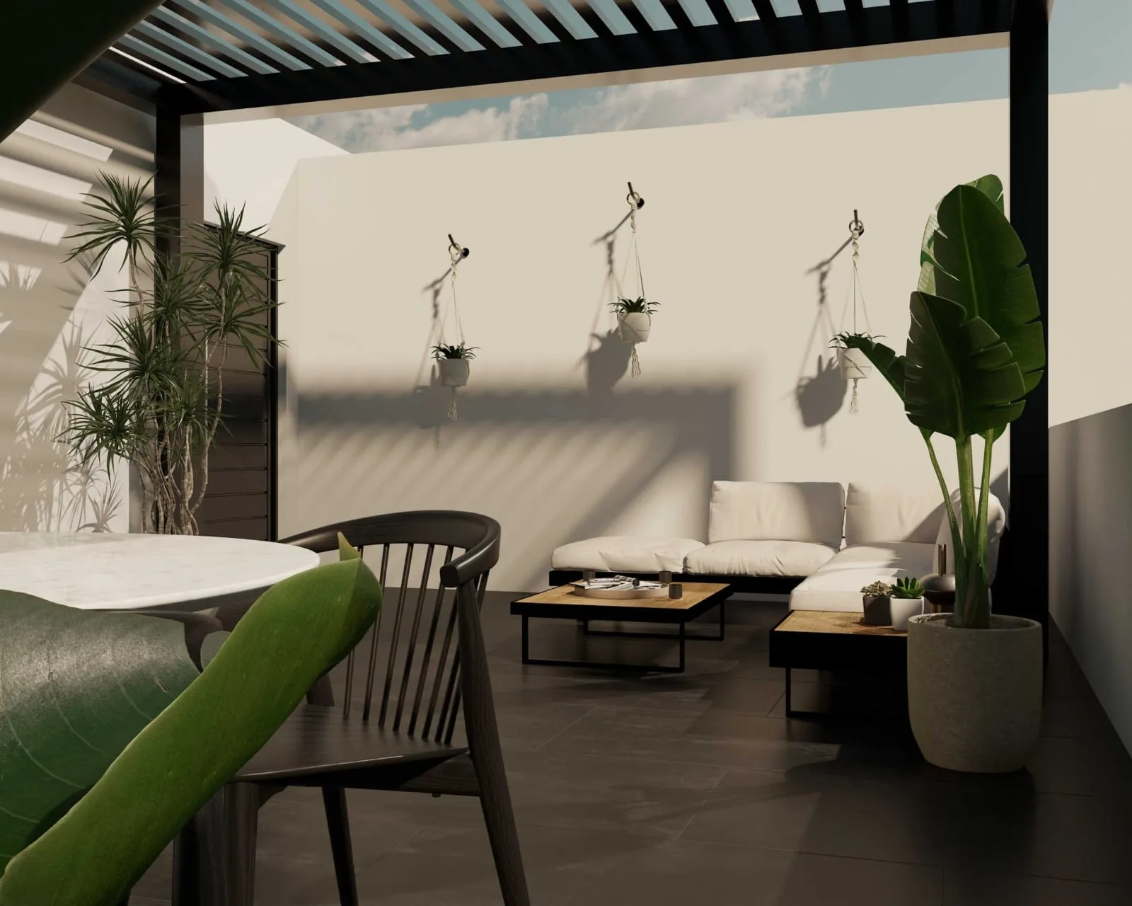 Rendering of a private terrace with lounge and dining area